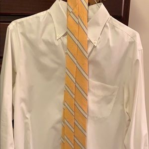 Yellow tie with blue and white stripes